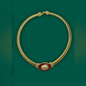 Monet Vintage Gold Tone Red Enamel Collar with Fuax Pearl Accent